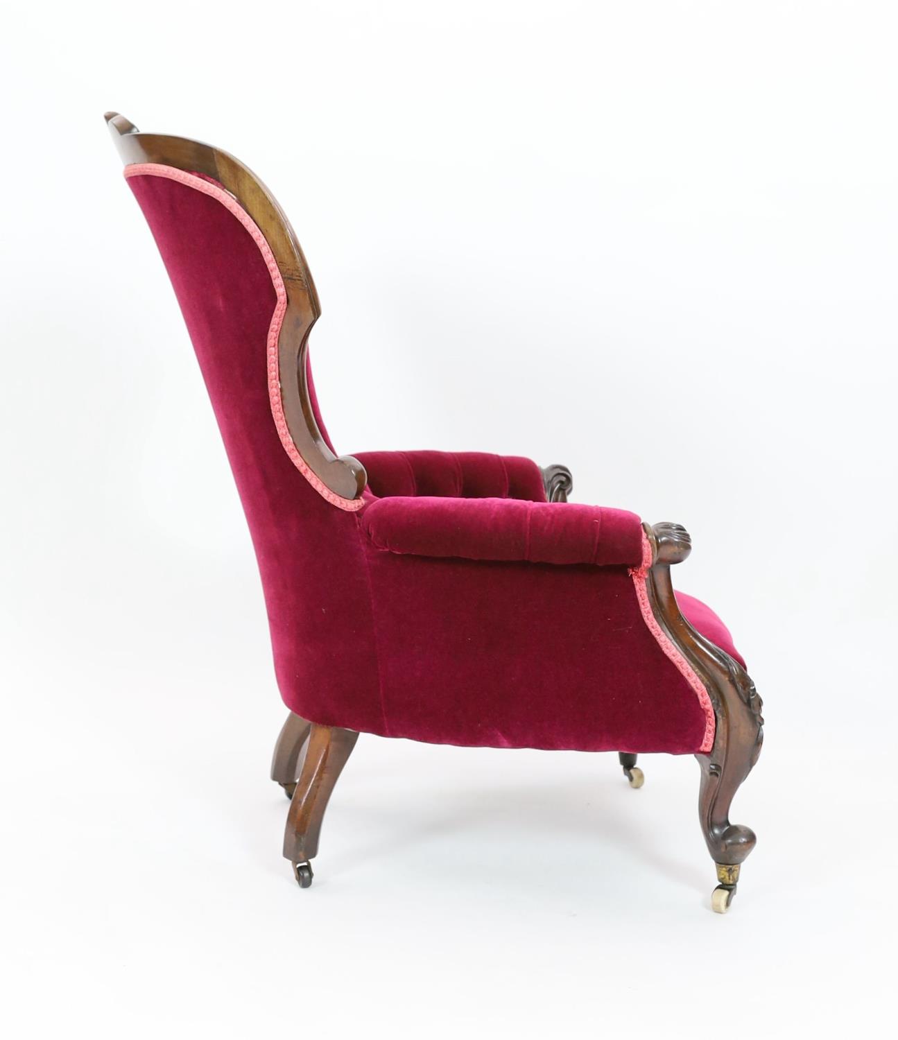 A Victorian walnut upholstered spoonback armchair, width 72cm depth 78cm height 102cm - Image 4 of 5