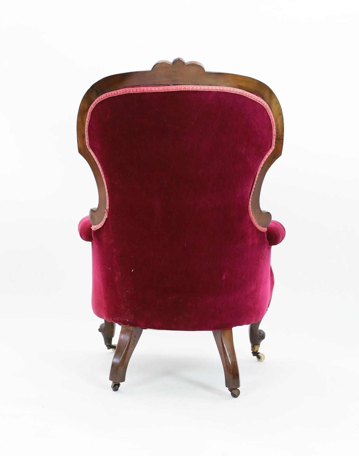 A Victorian walnut upholstered spoonback armchair, width 72cm depth 78cm height 102cm - Image 5 of 5