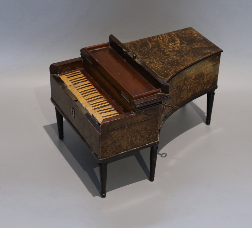 A 19th century French simulated burr walnut musical jewellery casket, modelled as a piano forte, - Image 2 of 4