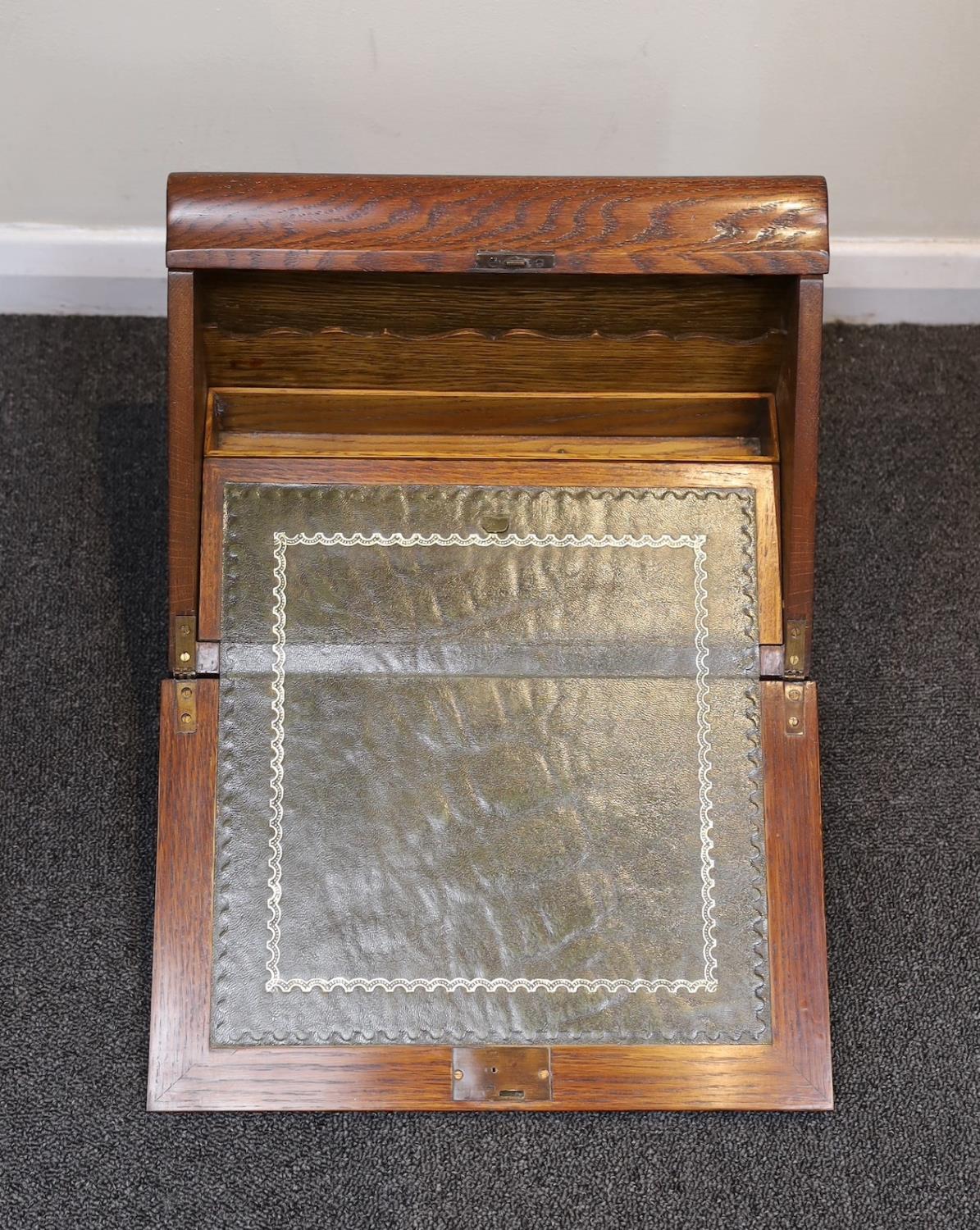 A late Victorian oak writing casket, with hinged slant front, width 36cm - Image 2 of 2