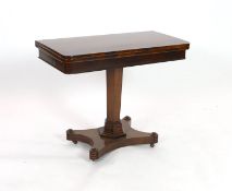 An early Victorian rectangular rosewood folding card table, on hexagonal column, width 92cm depth