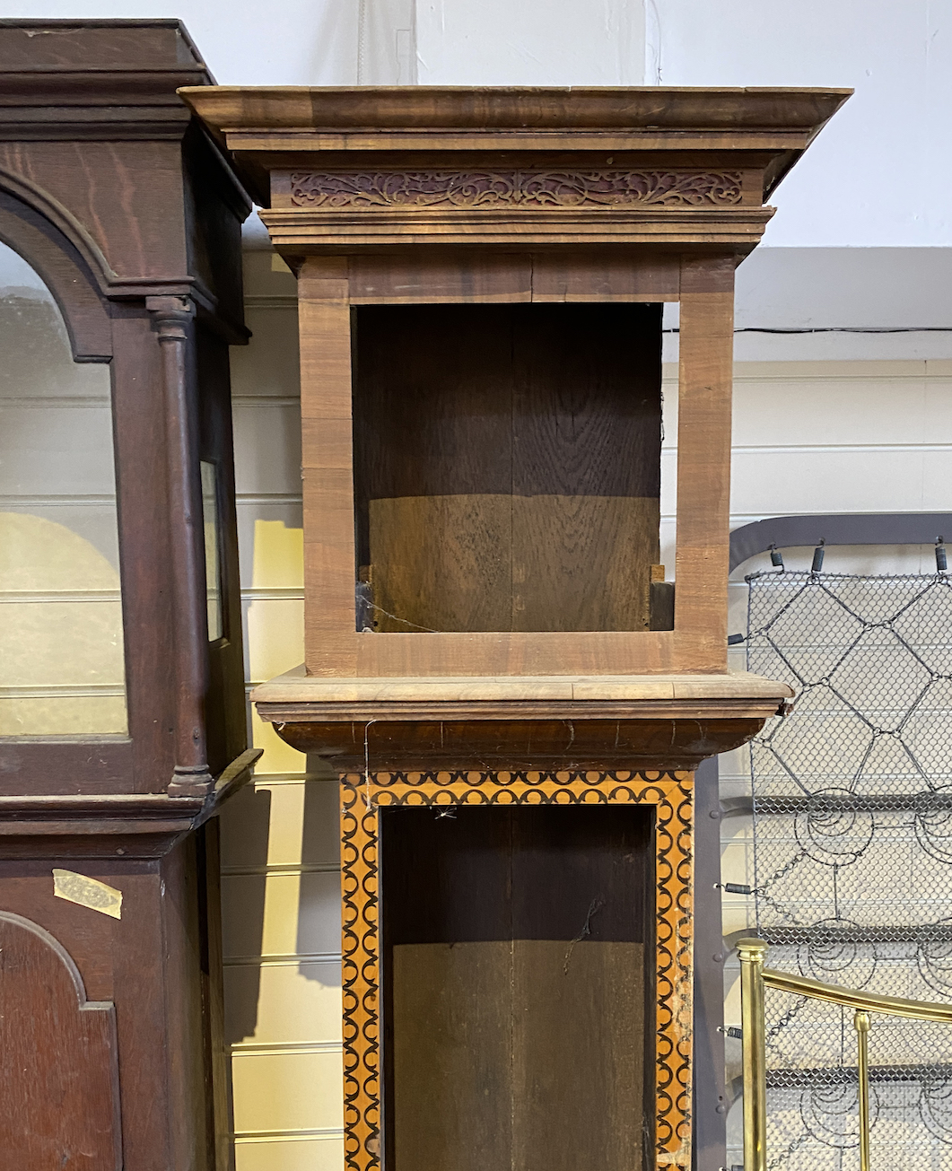 A George III oak longcase clock case and an inlaid clock case, larger 222 cm high. - Image 5 of 7