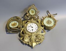 Two Edwardian brass horseshoe desk timepieces, one cast with fox head and folded crops, together
