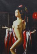 A modern oil on canvas of a nude geisha, 92 x 62cm, unframed