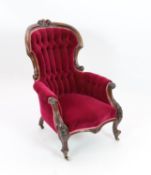 A Victorian walnut upholstered spoonback armchair, width 72cm depth 78cm height 102cm