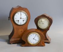 Three Edwardian inlaid mahogany eight day mantel clocks / timepieces, tallest 29cm