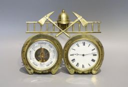 A Victorian brass Fire Service desk timepiece combined aneroid barometer, width 24cm height 19cm