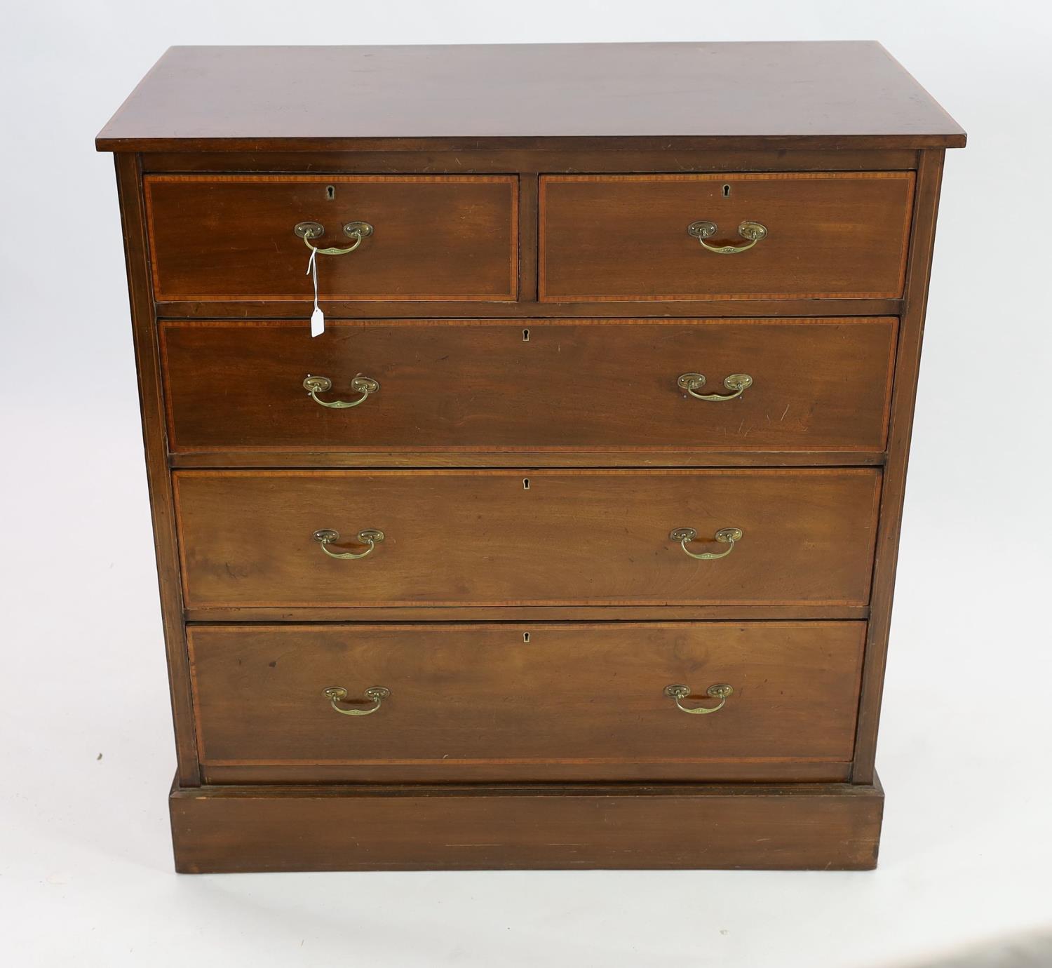 An Edwardian satinwood banded mahogany five drawer chest, width 107cm depth 54cm height 114cm - Image 2 of 2