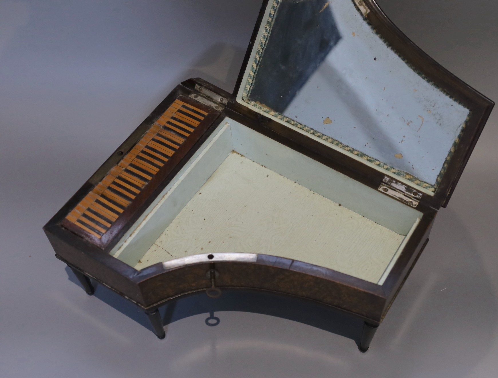 A 19th century French simulated burr walnut musical jewellery casket, modelled as a piano forte, - Image 4 of 4