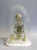 A 19th century brass skeleton mantel clock, under glass dome, with marble plinth,