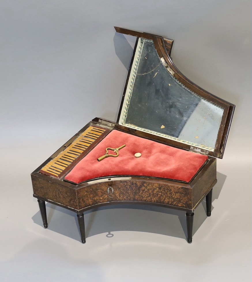 A 19th century French simulated burr walnut musical jewellery casket, modelled as a piano forte, - Image 3 of 4