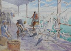 Arthur Royce Bradbury, ARWA (1892-1977) , watercolour, Fishermen and seagulls on the wharf,