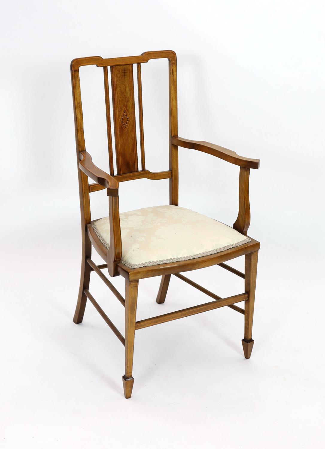 An Edwardian inlaid mahogany elbow chair, width 51cm depth 45cm height 96cm, and two Edwardian