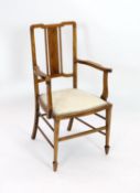 An Edwardian inlaid mahogany elbow chair, width 51cm depth 45cm height 96cm, and two Edwardian