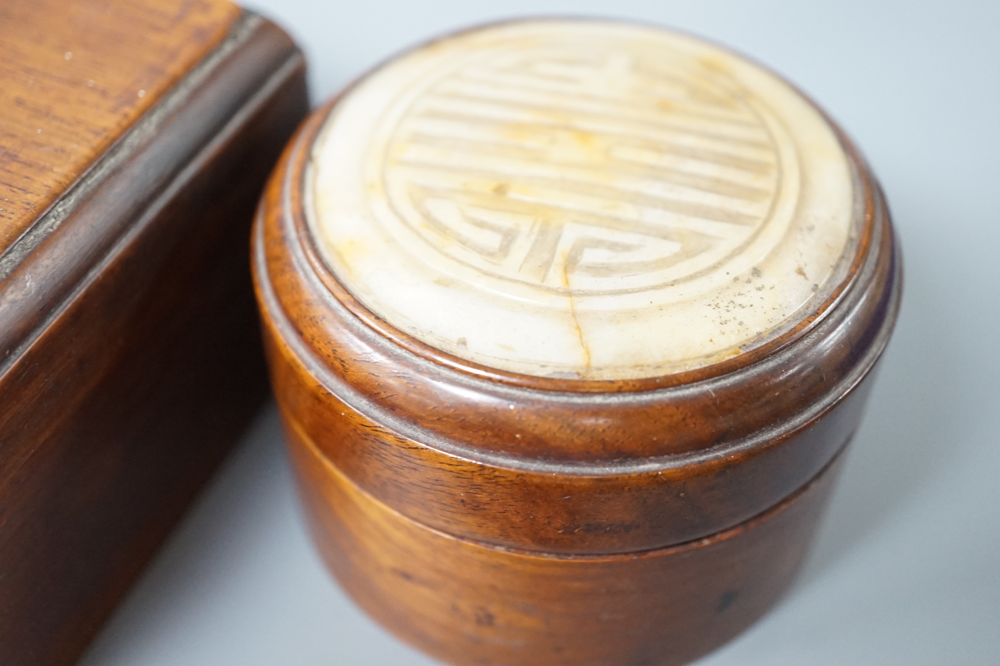 Two 19th century Chinese hardstone inset hardwood boxes and an embroidered amulet charm, largest box - Image 6 of 6