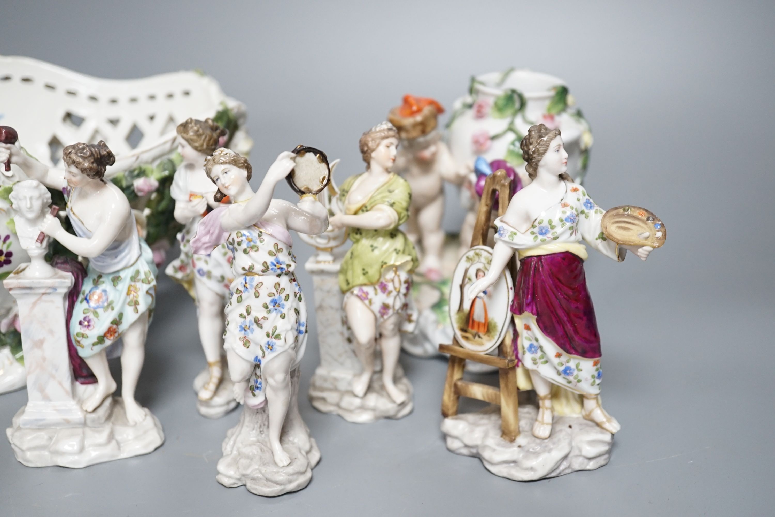 A Sitzendorf porcelain basket, 24cm, Sitzendorf vase and a set of six Volkstedt figures - Image 4 of 9