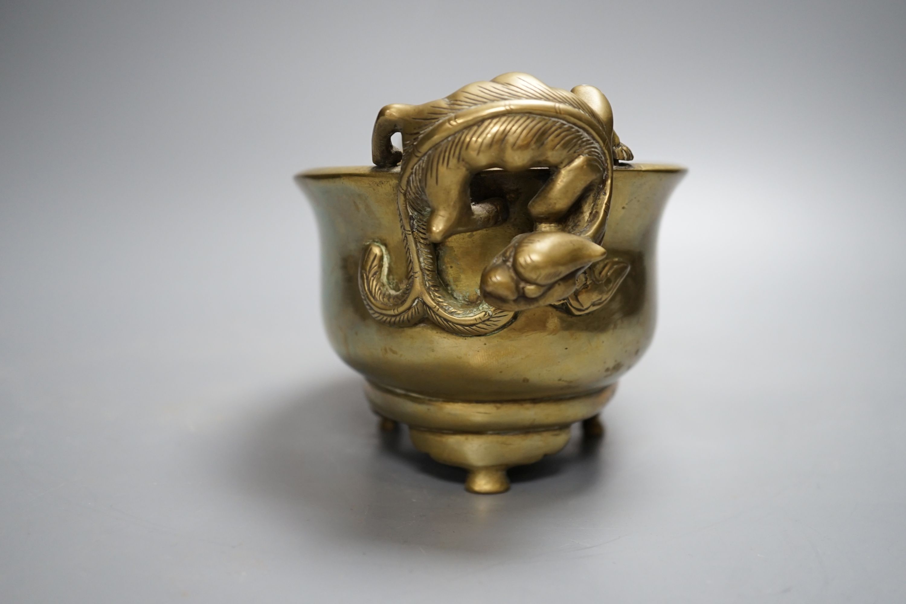 A 19th century Chinese bronze censer with ‘dragon’ handles, Xuande mark, 26cm - Image 5 of 6