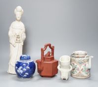 A Chinese blanc de chin figure of a lady with a bird, 37cm, together with a famille rose teapot, a