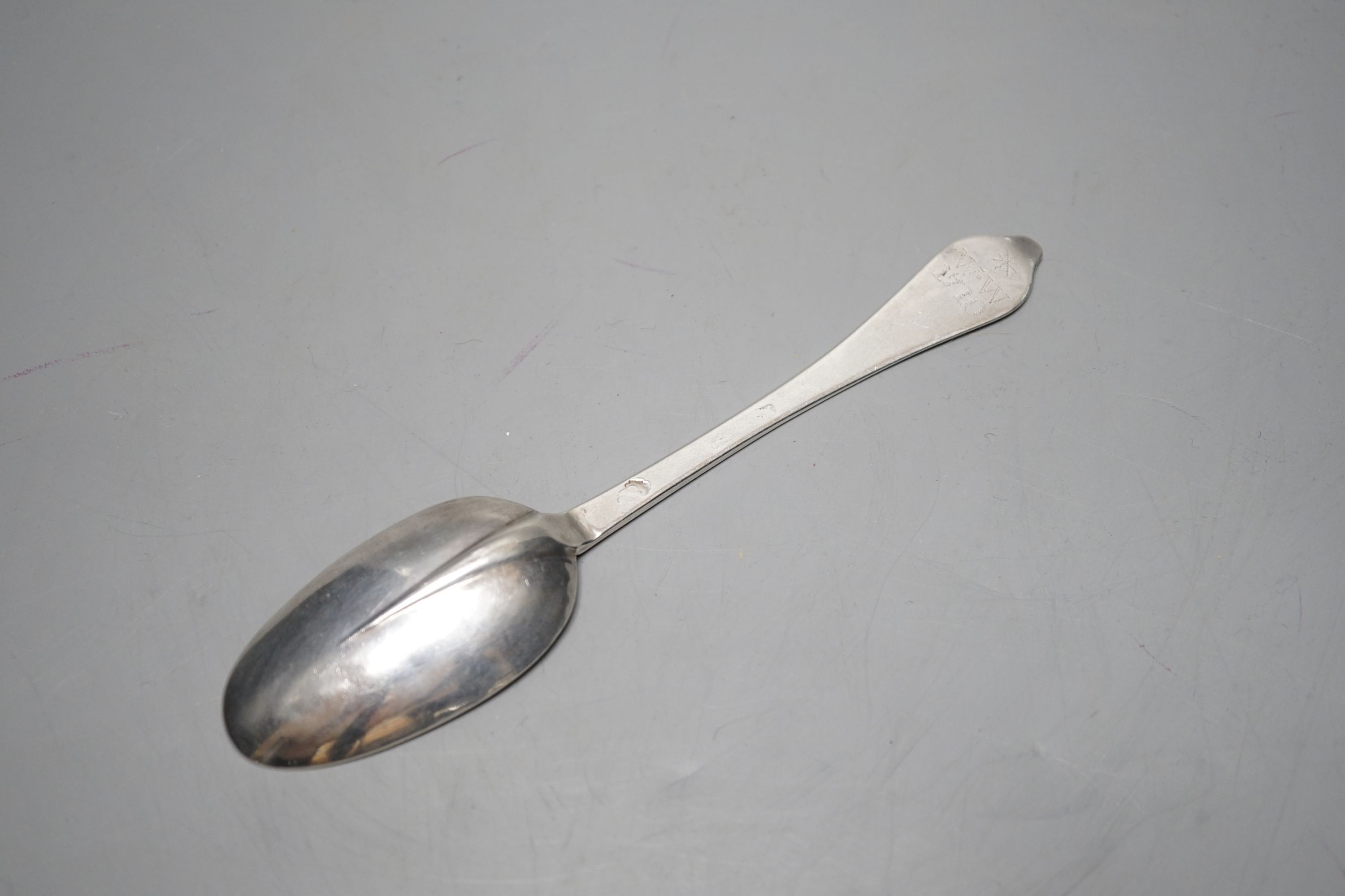 An early 18th century silver dog nose spoon, with prick dot engraved initial and date, marks rubbed, - Image 2 of 3