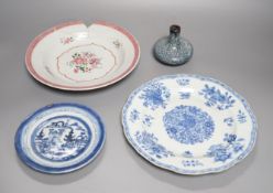 An 18th century Chinese export blue and white dish, 23cm, together with three other Chinese