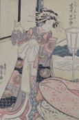 Utagawa Kunisada (1786-1865), woodblock print, Geisha holding a cat, 35 x 23cm