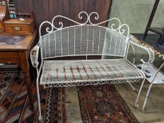 A French painted metal folding garden bench, length 114cm, depth 45cm, height 97cm together with a