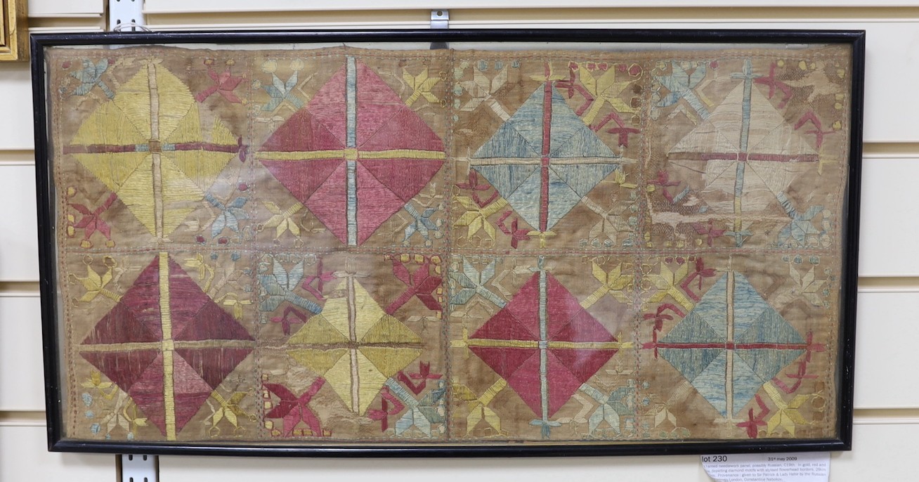 A framed 19th century Russian needlework panel - 30 x 59cm