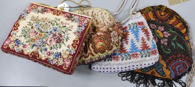 A fine needlework petit point evening bag, a 19th century bible bag, an early 20th century beaded