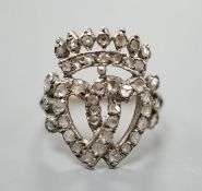 A 19th century, yellow and white metal, rose cut diamond set twin hearts and coronet ring, size K,