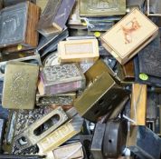 Two boxes of mixed metal matchbox holders including brass and copper