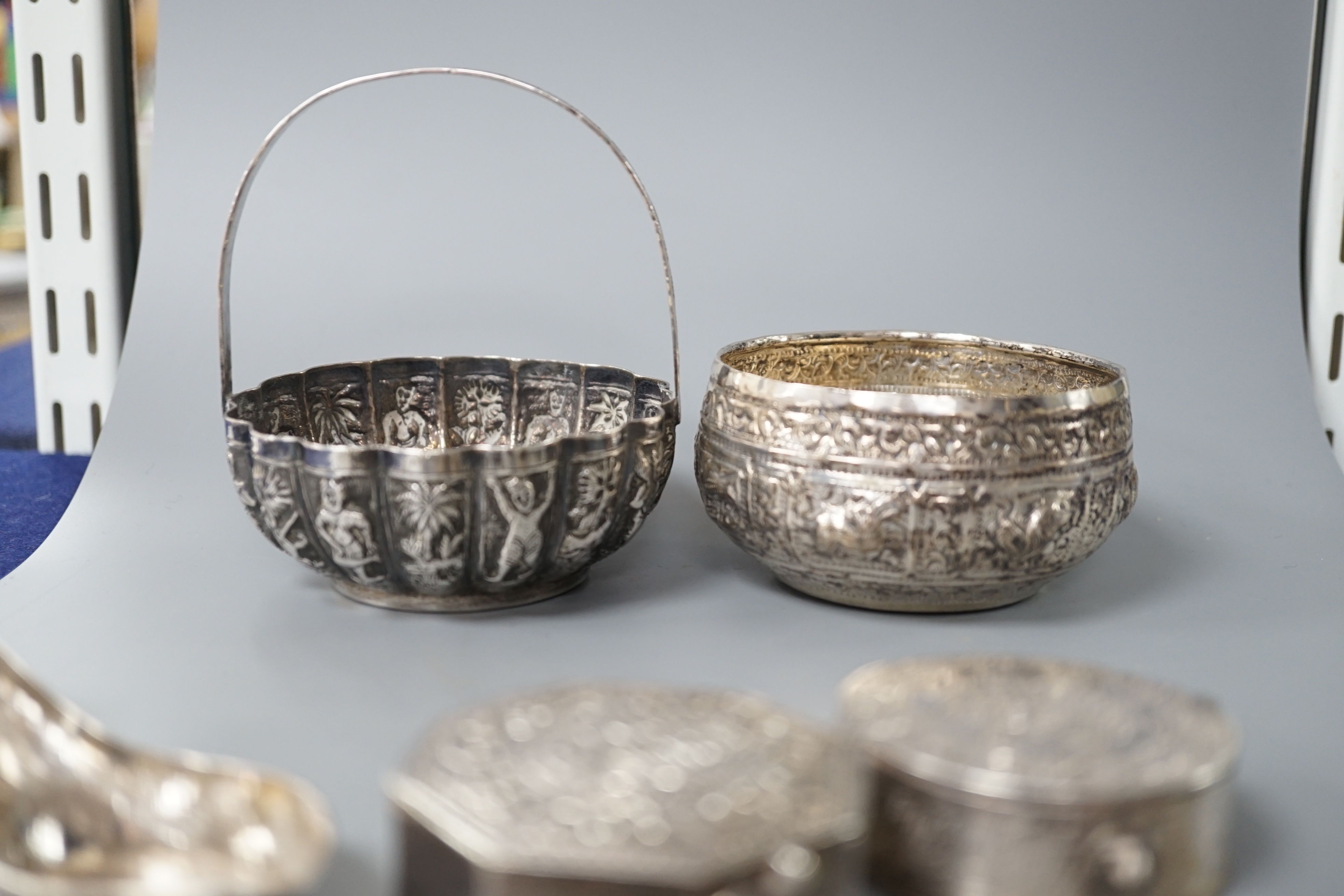 A Burmese? white metal bonbon basket, height 10.1cm and a similar bowl, two Persian white metal - Image 4 of 8