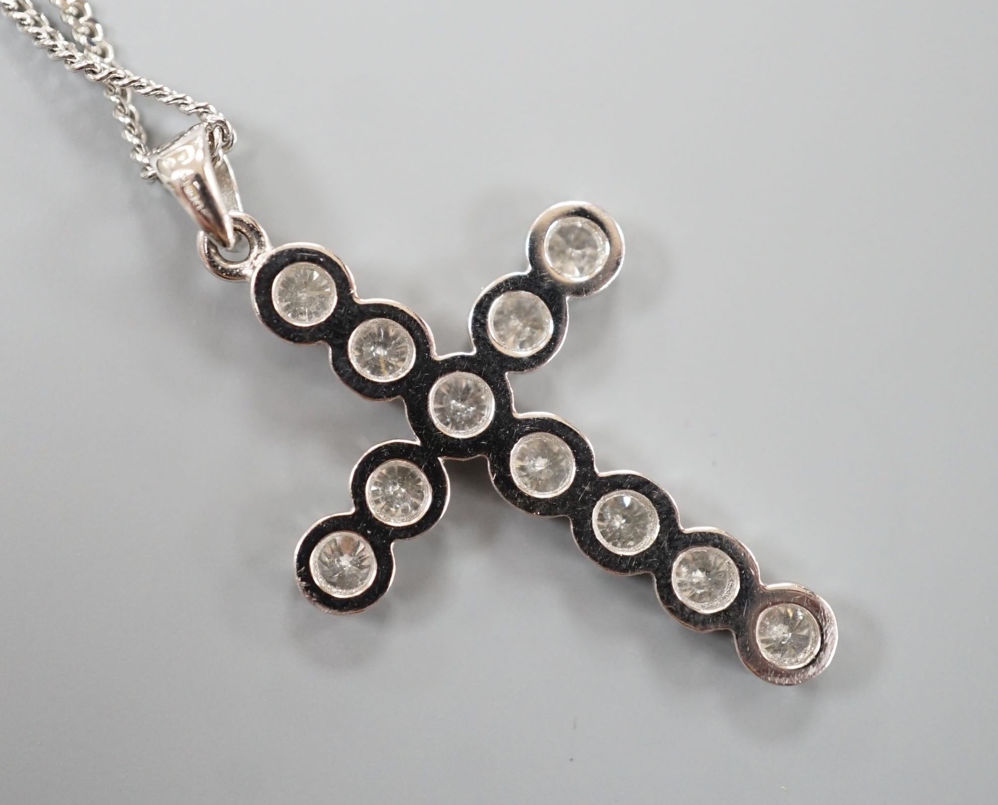 A modern 18ct white gold and diamond set cross pendant, 39mm, on an 18ct white gold chain, 44cm, - Image 2 of 2