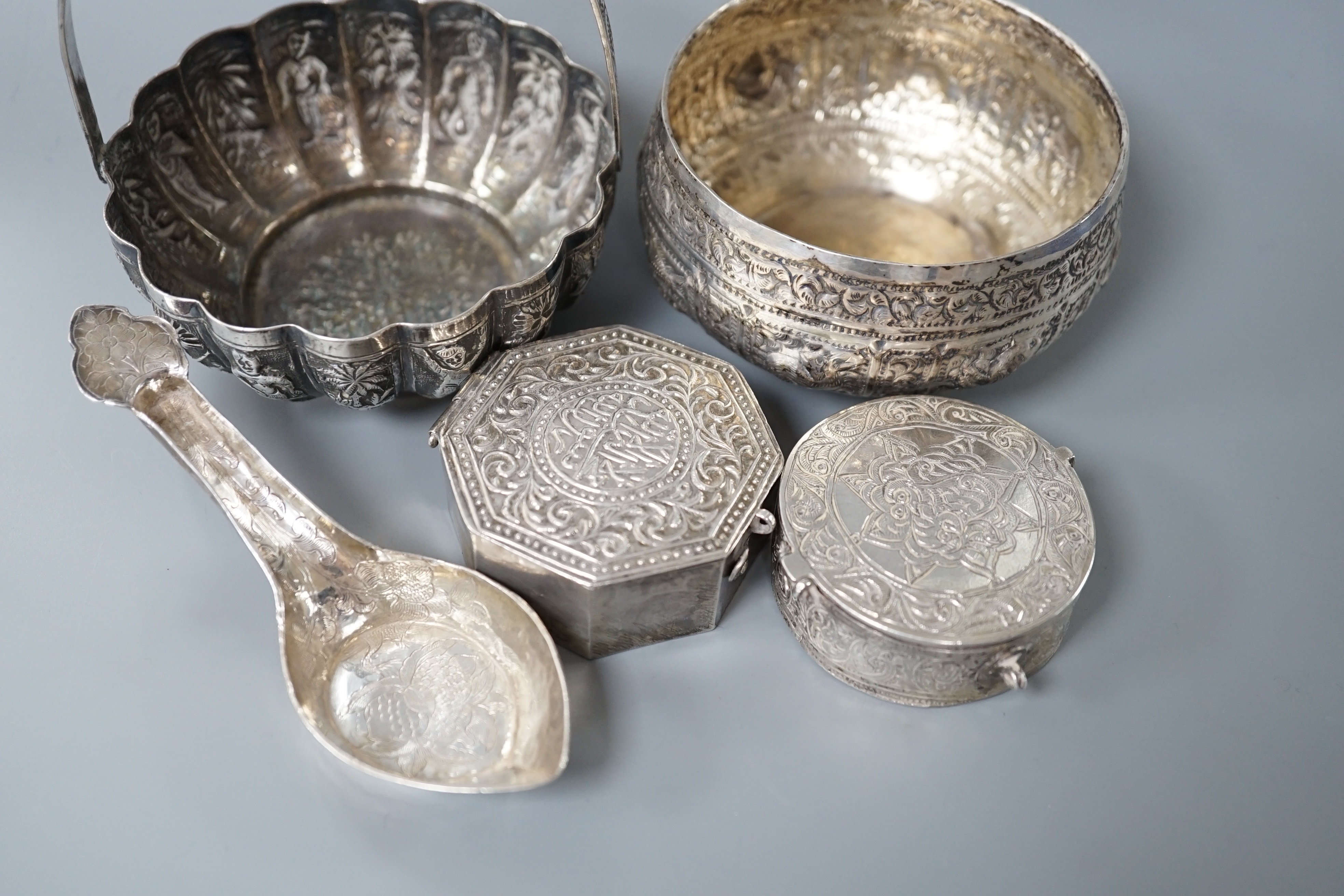 A Burmese? white metal bonbon basket, height 10.1cm and a similar bowl, two Persian white metal - Image 2 of 8