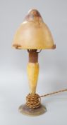 A Daum, Nancy mottled glass mushroom lamp, height 32cm.