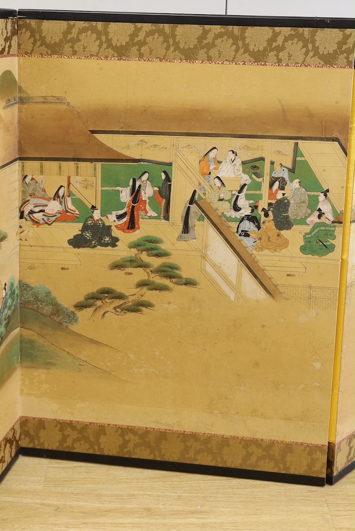 A 19th century Japanese four-leaf painted screen, later mounted, 216cm long - Image 3 of 5