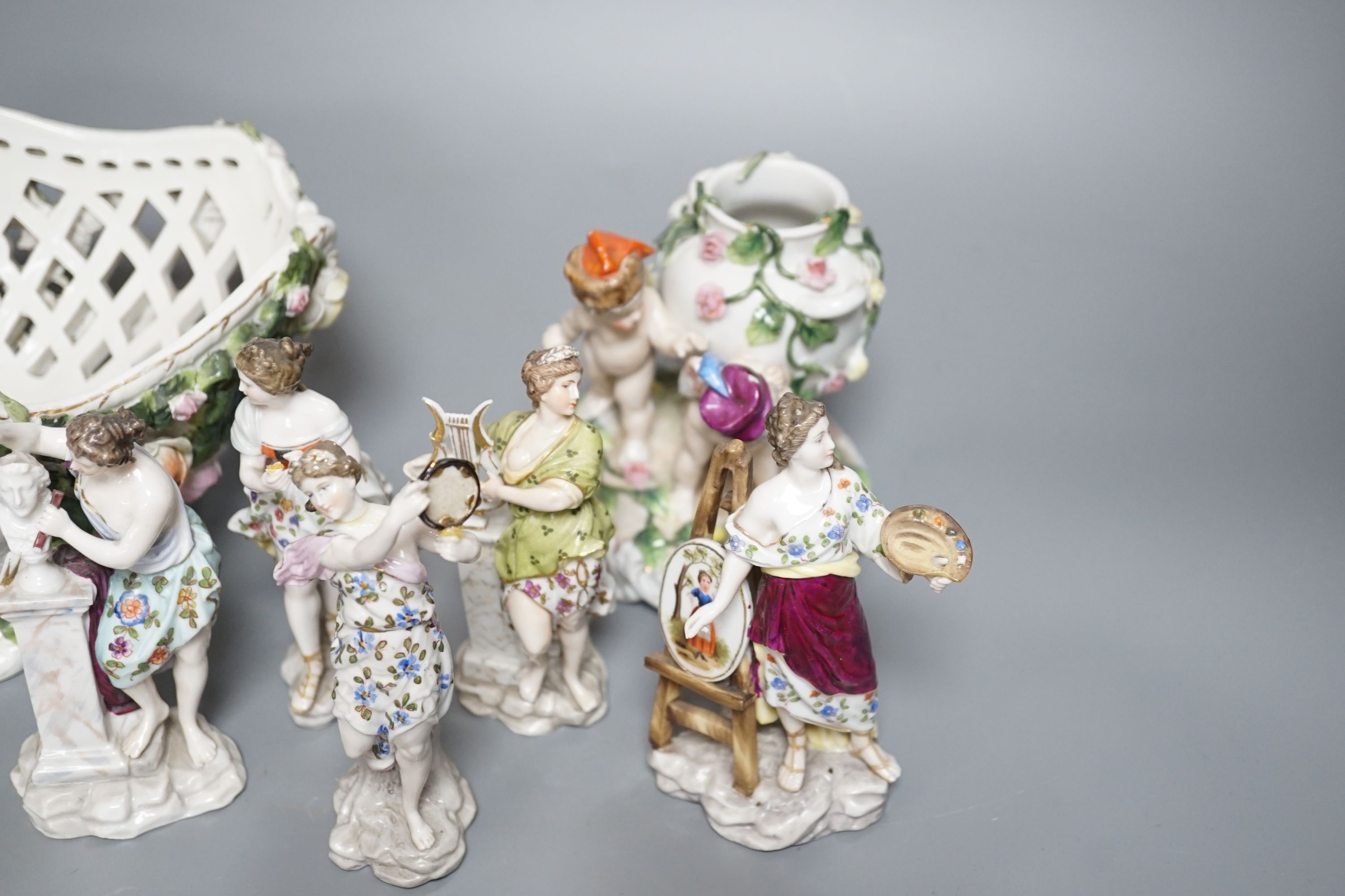 A Sitzendorf porcelain basket, 24cm, Sitzendorf vase and a set of six Volkstedt figures - Image 5 of 9