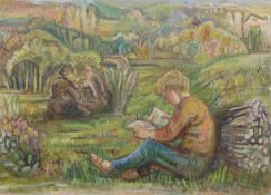 Ruth Isabelle Collet (1909-2001), oil on board, Boy reading in a landscape, signed and dated '85, 55