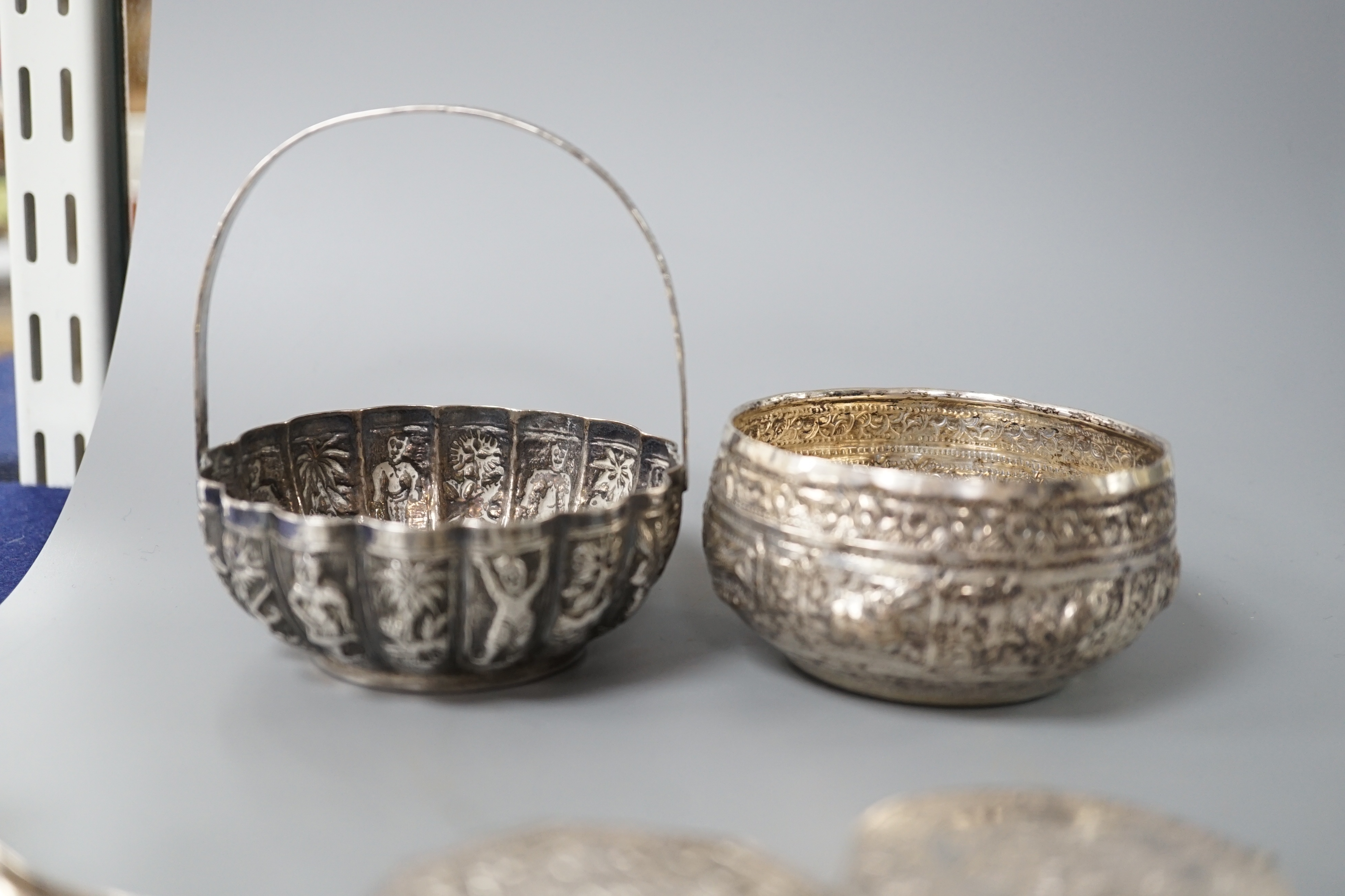 A Burmese? white metal bonbon basket, height 10.1cm and a similar bowl, two Persian white metal - Image 3 of 8