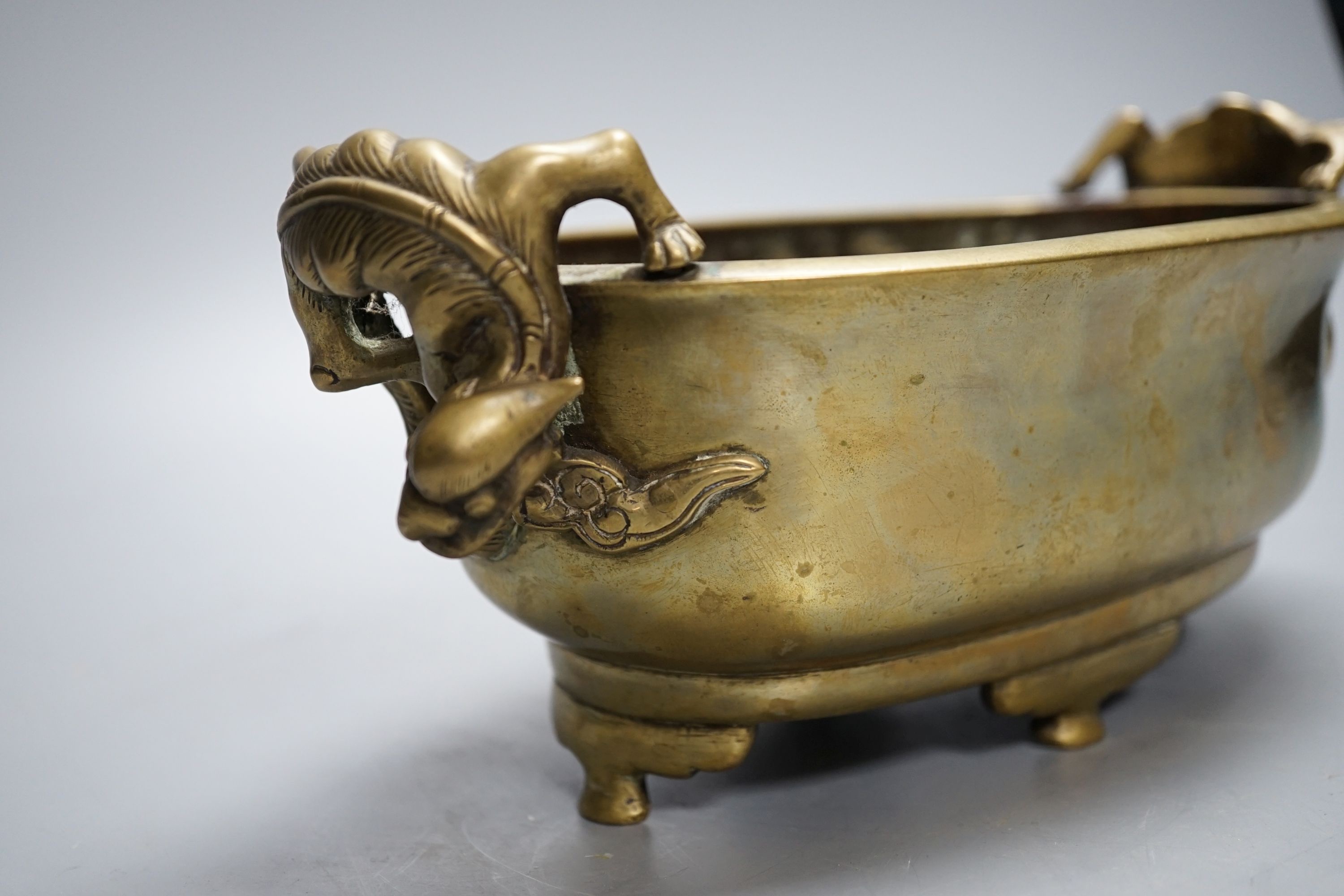 A 19th century Chinese bronze censer with ‘dragon’ handles, Xuande mark, 26cm - Image 2 of 6