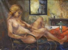 Continental School, oil on canvas, Female nude reclining in a chair, indistinctly signed, 89 x