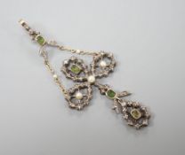 A 19th century continental, yellow and white metal, rose cut diamond, seed pearl and gem set drop