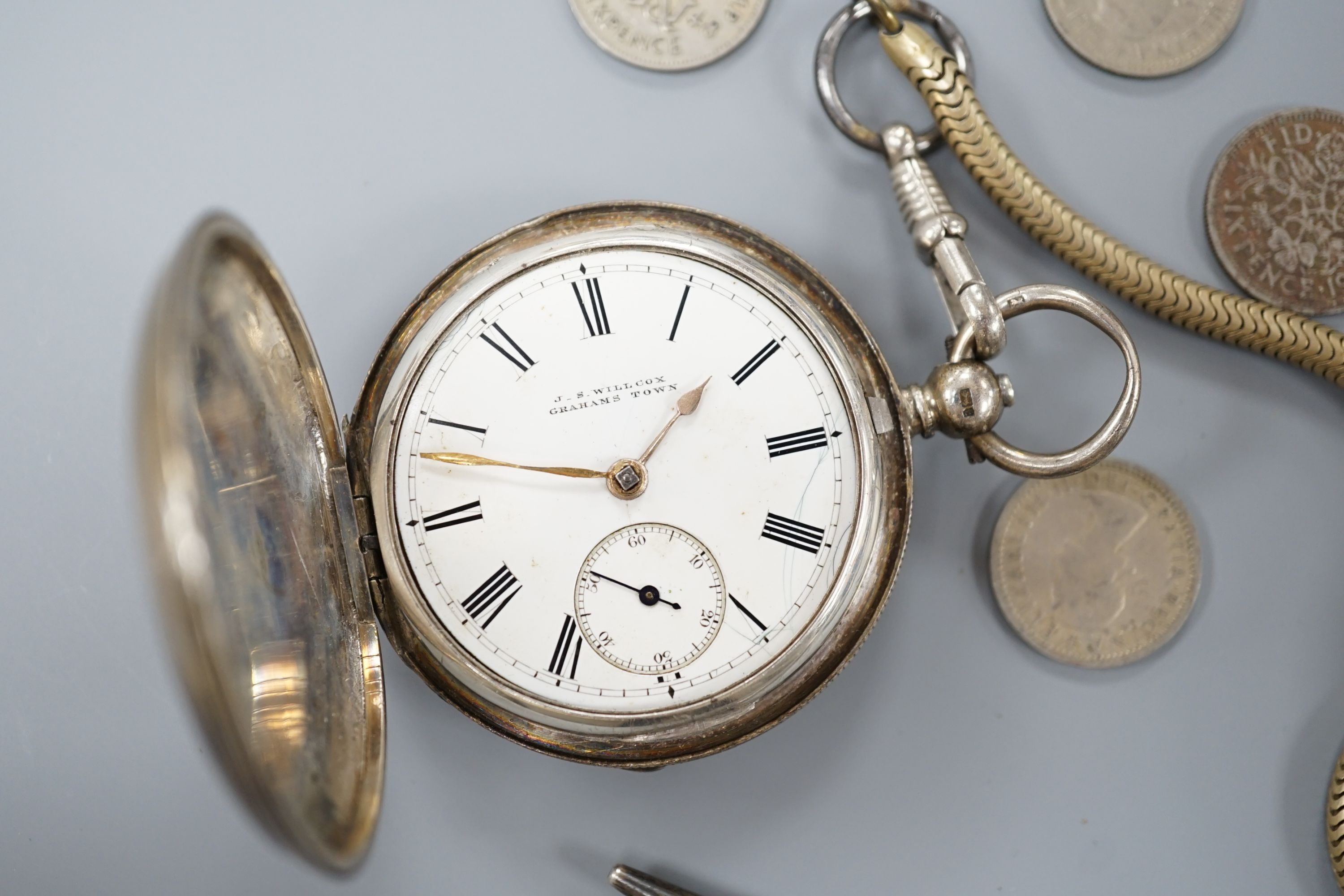 A late Victorian silver hunter keywind pocket watch, by Willcox of Grahams Town, one other white - Image 2 of 6