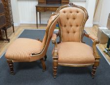 A pair of late Victorian walnut spoon back chairs, one with arms, larger width 68cm, depth 60cm,