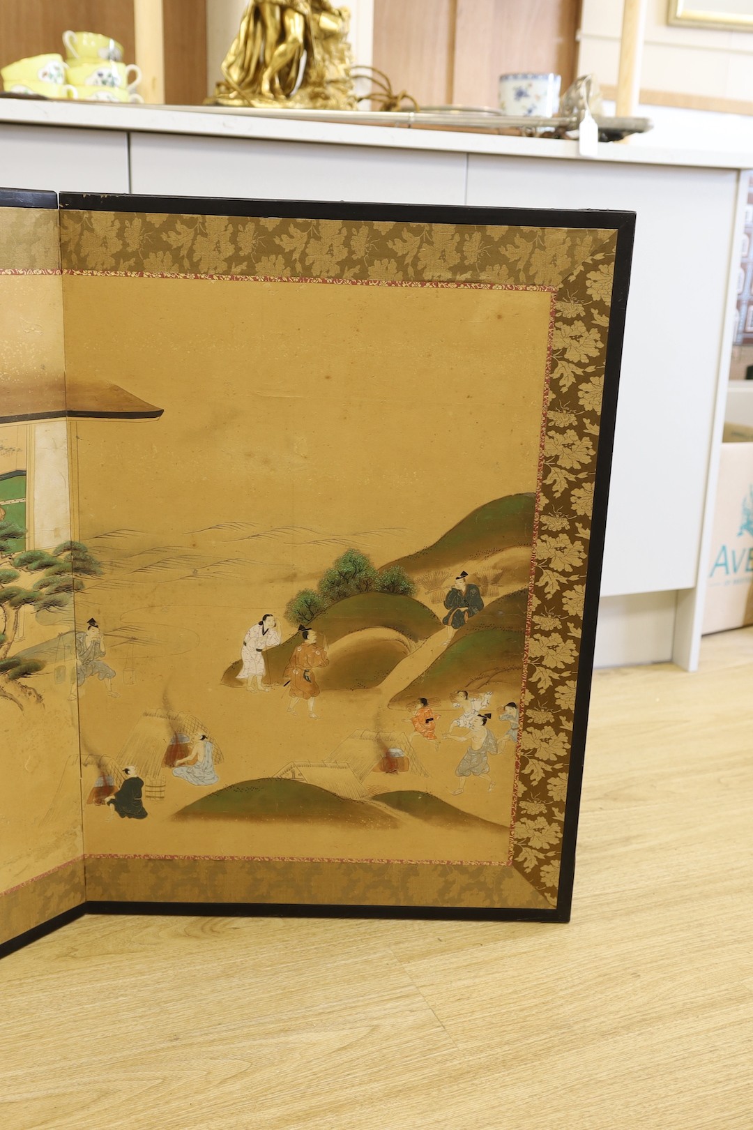 A 19th century Japanese four-leaf painted screen, later mounted, 216cm long - Image 5 of 5