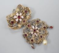 A 19th century Austro-Hungarian? gilt white metal filigree, enamel, paste and baroque pearl set drop