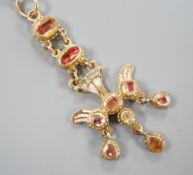 A 19th century yellow metal, foil backed gem and enamel set drop pendant, 69mm, gross weight 10.5