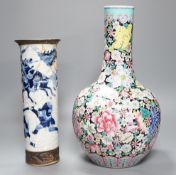 An early 20th century Chinese famille rose thousand flowers bottle vase (restored) together with a