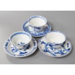 3 Chinese Kangxi blue and white tea bowls and saucers, 10cm diameter