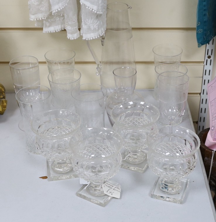A set of four Victorian glass pedestal bowls and etched glassware,Jug 28 cms high (14)