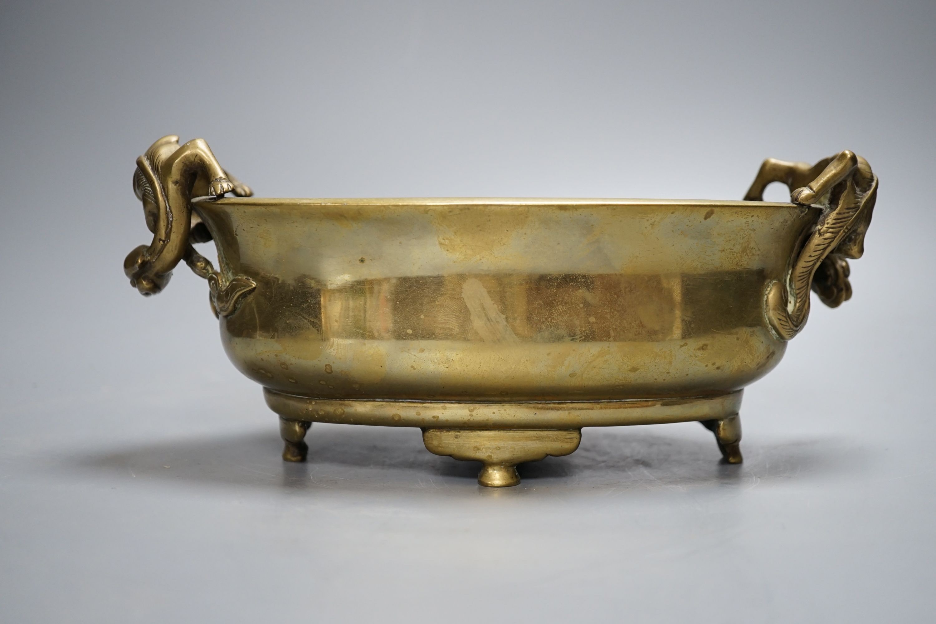 A 19th century Chinese bronze censer with ‘dragon’ handles, Xuande mark, 26cm - Image 4 of 6